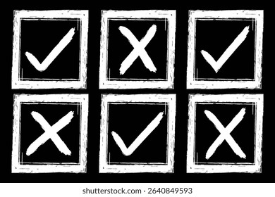 Brush Style Check Mark and Cross Symbols. Vote, yes, no, checkbox, checklist, tick and cross signs, v and x drawn concept.