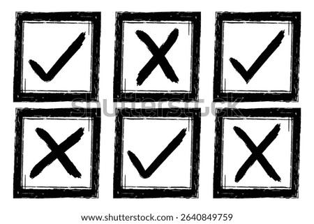 Brush Style Check Mark and Cross Symbols. Vote, yes, no, checkbox, checklist, tick and cross signs, v and x drawn concept.