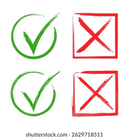 Brush Style Check Marks and Cross Symbols Set Vector Illustration. Four hand drawn brush style symbols. Each symbol has a rough, artistic brushstroke texture.