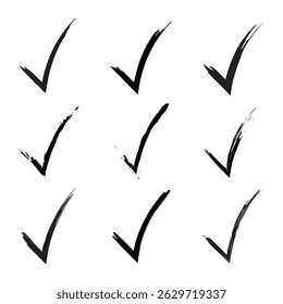 Brush Style Check Marks Set Grunge Vector Ticks Collection. This vector illustration showcases a collection of nine unique check marks - tick symbols.