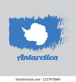 Brush style color flag of Antarctica, A plain white map of the continent on a blue background. with text Antarctica.