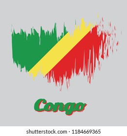 Brush style color flag of Congo, diagonal of green, yellow and red. with name text Congo.