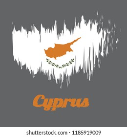 Brush style color flag of Cyprus, an outline of the country of Cyprus above twin olive branches. with name text Cyprus.