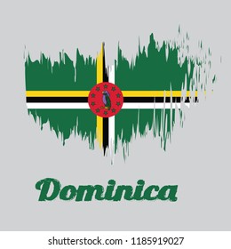 Brush style color flag of Dominica, A green field with cross of yellow, black and white, Sisserou Parrot on red disk and star. with name text Dominica.