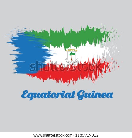 Brush style color flag of Equatorial Guinea, tricolor of green, white and red with a blue triangle and the National Coat of arms. with name text Equatorial Guinea.