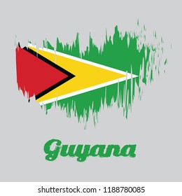Brush style color flag of Guyana, a green field with the black red triangle and white golden triangle. with name text Guyana.