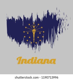 Brush Style Color Flag Of Indiana, A Gold Torch Surrounded By An Outer Circle Of Thirteen Stars, An Inner Semi Circle Of Five Stars, Crowned By The Word 'Indiana'. With Text Indiana.