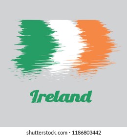 Brush style color flag of Ireland, a vertical tricolor of green, white and orange. with name text Ireland.