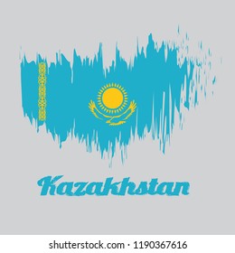 Brush style color flag of Kazakhstan, A gold sun above eagle on blue field and national ornamental pattern. with name text Kazakhstan.