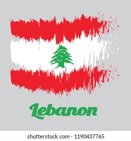 Brush style color flag of Lebanon Flag, triband of red and white, charged with a green Lebanon Cedar. with name text Lebanon.