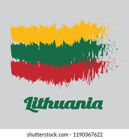Brush style color flag of Lithuania Flag, horizontal yellow green and red, with name text Lithuania.