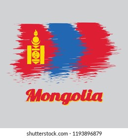 Brush style color flag of Mongolia, red and blue with the Soyombo symbol centred on the hoist-side of the red band. with text Mongolia.