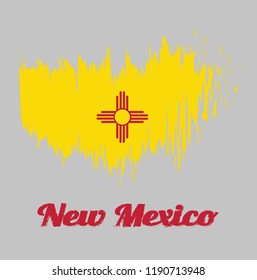 Brush style color flag of New Mexico, The red and yellow of old Spain. The ancient Zia Sun symbol in red, in the center of a field of yellow. with text New Mexico.