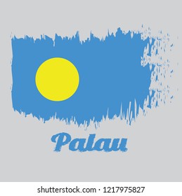 Brush style color flag of Palau, A light blue field with the large yellow disk shifted slightly to the hoist-side of center. with text Palau.