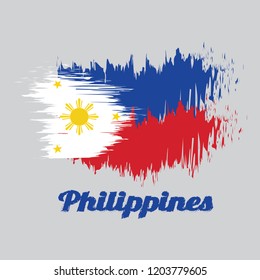 Brush style color flag of Philippines, a horizontal blue and red; white equilateral triangle based at the hoist, gold stars at its vertices, and gold sun at center with text Philippines.