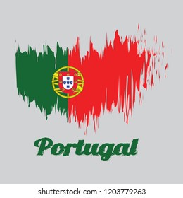 Brush style color flag of Portugal, 2:3 vertically striped bicolor of green and red, with coat of arms of Portugal centred over the color boundary with text Portugal.