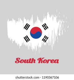 Brush style color flag of South Korea Flag, the white color with Taegeuk and black trigrams. with name text South Korea.