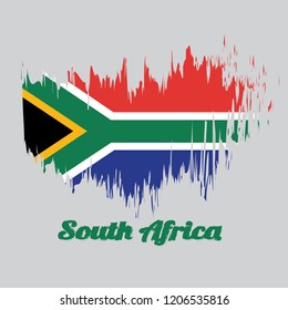 Brush style color flag of South African, red and blue with a black triangle, white and green horizontal Y and gold against the triangle with text South African.