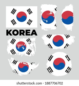 Die farbige Flagge Südkoreas, die weiße Farbe mit Taegeuk und die schwarzen Trigramme. mit dem Namen Südkorea. Vektorgrafik