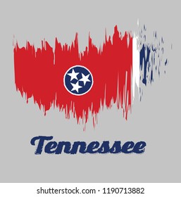 Brush style color flag of Tennessee, A blue circle with three white five-pointed stars on a rectangular field of red, with a strip of white and blue on the fly. with text Tennessee.