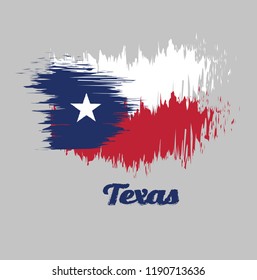 Brush style color flag of Texas, blue containing a single centered white star. The remaining field is divided horizontally into a white and red bar. with text Texas.