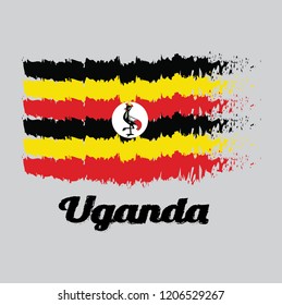 Brush style color flag of Uganda, black yellow and red ; a white disc depicts the national symbol, a grey crowned crane with text Uganda.