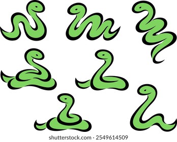 Brush style green snake illustration set