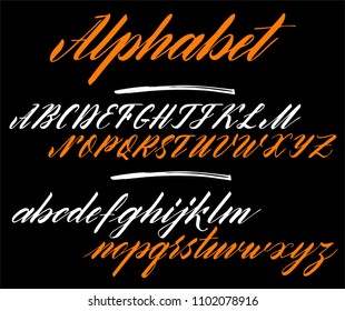 Brush Style Hand Draw Font Abc. An alphabet written by a brush on a black background.