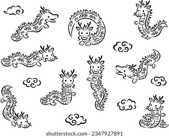 Brush style line drawing illustration set of Chinese style clouds and long dragon characters in various poses