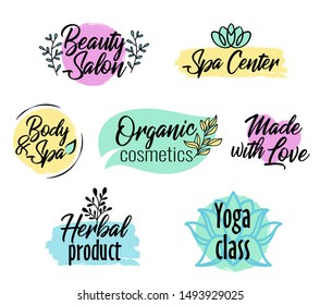 Brush style logo set, beauty salon, spa center, herbal product, personal care, colorful label with text for organic cosmetics packaging, vector illustration