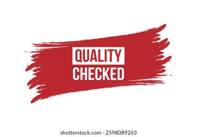 Brush style quality checked red banner design isolated on white background.