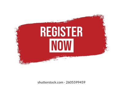 Brush style register now red banner design isolated on white background.