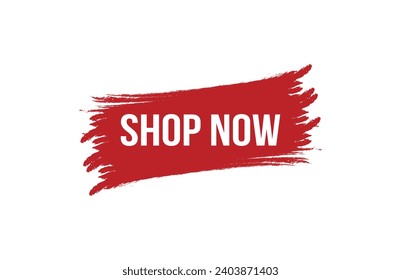 Brush style shop now red banner design on white background.