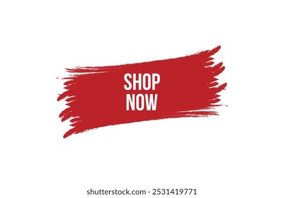 Brush style shop now red banner design isolated on white background.