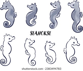 Brush and Sumi-e Style Japanese,Ink painting Illustration Set of Seahorses