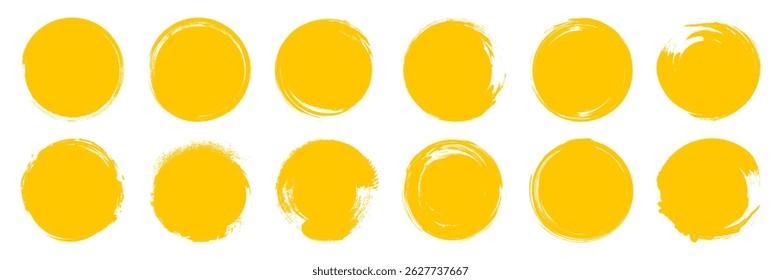 Brush sun rough graphic shape set. Hand drawn ink circle with grunge texture. Vector illustration design template.
