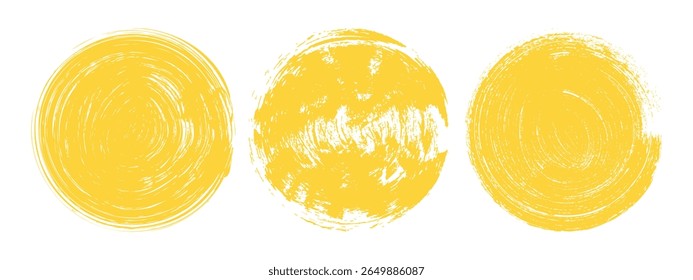 Brush sun rough set. Hand drawn yellow grunge circles. Abstract round stamp collection on white background