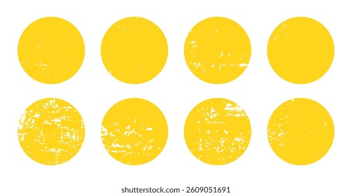 Brush sun stamps. Abstract yellow suns set. Vector watercolor brushstrokes. Round ink texture badges. Orange summer frames. Rough grungy circles. Distressed golden stamps. Hand-drawn round labels