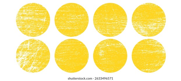Brush sun stamps. Abstract yellow suns set. Vector watercolor brushstrokes. Round ink texture badges. Orange summer frames. Rough grungy circles. Distressed golden stamps. Hand-drawn round labels.art