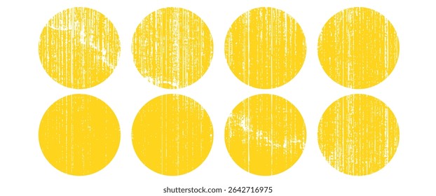 Brush sun stamps. Abstract yellow suns set. Vector watercolor brushstrokes. Round ink texture badges. Orange summer frames. Rough grungy circles. Distressed golden stamps. Hand-drawn round labels.art