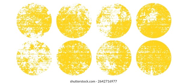 Brush sun stamps. Abstract yellow suns set. Vector watercolor brushstrokes. Round ink texture badges. Orange summer frames. Rough grungy circles. Distressed golden stamps. Hand-drawn round labels.art