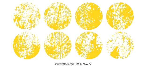 Brush sun stamps. Abstract yellow suns set. Vector watercolor brushstrokes. Round ink texture badges. Orange summer frames. Rough grungy circles. Distressed golden stamps. Hand-drawn round labels.art