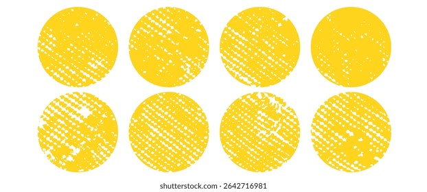 Brush sun stamps. Abstract yellow suns set. Vector watercolor brushstrokes. Round ink texture badges. Orange summer frames. Rough grungy circles. Distressed golden stamps. Hand-drawn round labels.art