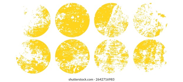 Brush sun stamps. Abstract yellow suns set. Vector watercolor brushstrokes. Round ink texture badges. Orange summer frames. Rough grungy circles. Distressed golden stamps. Hand-drawn round labels.art