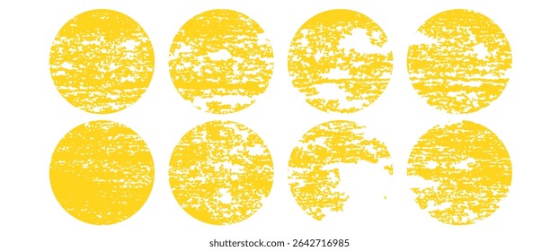 Brush sun stamps. Abstract yellow suns set. Vector watercolor brushstrokes. Round ink texture badges. Orange summer frames. Rough grungy circles. Distressed golden stamps. Hand-drawn round labels.art