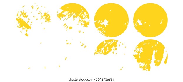 Brush sun stamps. Abstract yellow suns set. Vector watercolor brushstrokes. Round ink texture badges. Orange summer frames. Rough grungy circles. Distressed golden stamps. Hand-drawn round labels.art