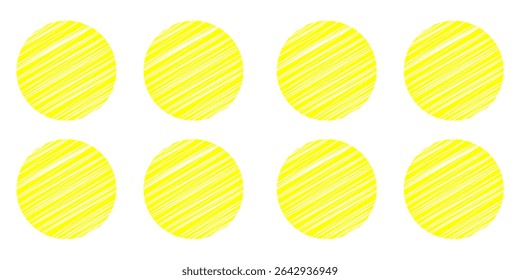 Brush sun stamps. Abstract yellow suns set. Vector watercolor brushstrokes. Round ink texture badges. Orange summer frames. Rough grungy circles. Distressed golden stamps. modern art