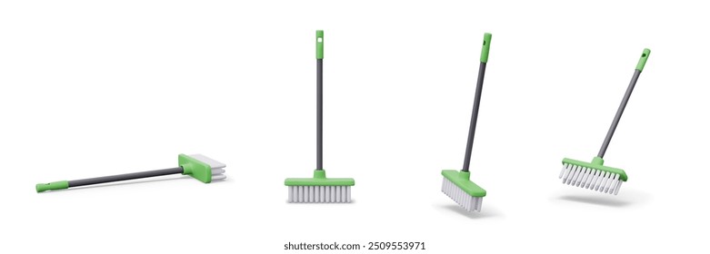 Brush for sweeping floor. Plastic device with long handle for cleaning garbage