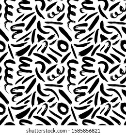 Brush swirled lines vector seamless pattern. Repeating abstract background with chaotic random waves, lines, circles and curls. Modern stylish ink texture. Freehand brush strokes. Scribbles and smears