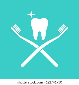 Brush teeth icon silhouette. Healthy tooth pictogram between two cross toothbrushes. Dentistry symbol. Vector illustration flat design. Isolated on white background. Sign of good oral hygiene.